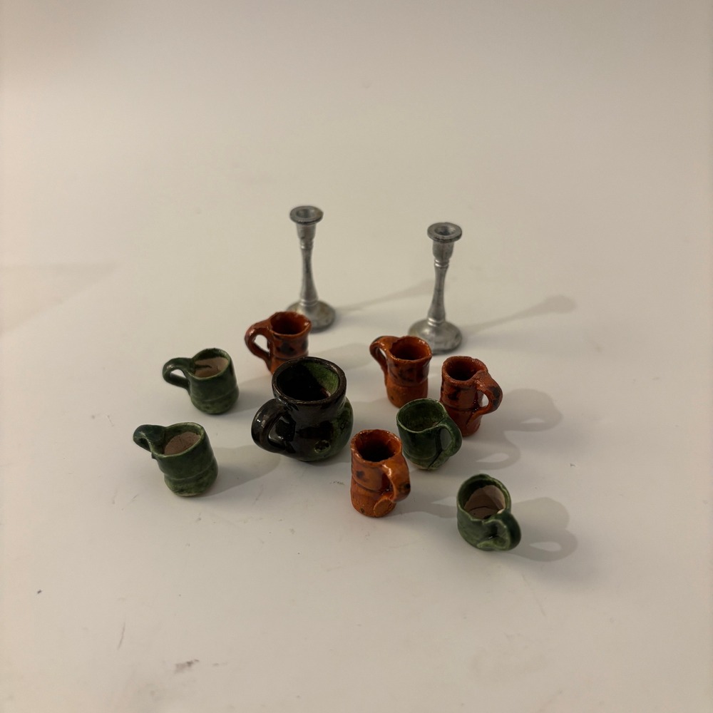 VTG Dollhouse Miniature Glazed Redware Pottery Mugs Pitcher Candlesticks Lot